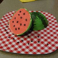 4Th Of July Watermelon Cake Made this for 4th of July, really happy with the way it turned out. WASC with pink coloring. Sugarshack's BC, chocolate seeds.