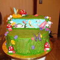 Tinkerbell's Garden Cake Tinkerbell's garden cake. I made the mushrooms and flowers, framing the food colouring painting, out of white chocolate fondant and...