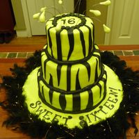 Lime Green And Zebra Stripe Sweet Sixteen! A three-tier, lime green and zebra-striped cake for a girl's sweet 16 birthday party. Covered in fondant, filled with buttercream. The...