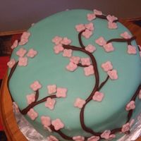 Cherry Blossom chocolate cake + peanut butter frosting+banana cake+peanut butter frosting+chocolate cake. All covered in mmf.