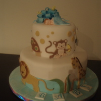 Safari Baby Baby shower cake I made last night. Raspberry chocolate with vanilla. First time white chocolate fondant! Very tasty! I draw and cut the...