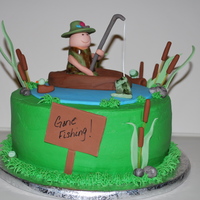 Gone Fishing! Retirement cake for a coworker. Yellow cake covered in buttercream icing and fondant with fondant accessories. Thanks bstates and other for...