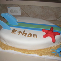 Surf Board sheet cake cut into surfboard shape, covered in fondant. fins are gumpate.