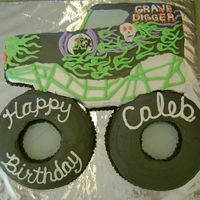 Grave Digger Car body- white cake w/ buttercream icing. Wheels - 8" rounds chocolate cake buttercream icing. All buttercream accents. This is the...