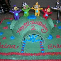 Teletubbies Birthday Cake bottom 1/4" sheet white cake, dome is chocolate. All covered with buttercream frosting. Used plastic figurines and foil accents. My...