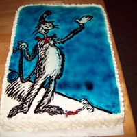 Dr Seuss Cake - Cat In The Hat drawing was done on fondant, freehand with black paste. The remainder was air brushed in. Border is swiss buttercream.
