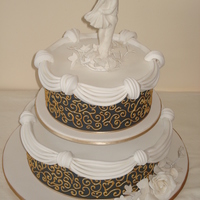 2 Tier Round Wedding Cake Gold painted piping, swags and sugar roses