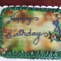 Happy Birthday Cammo Cake Chocolate cake with BC icing. Airbrushed. Free handed deer emblem.