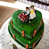2Tier Heart Farm Wedding Cake 2tiers in heart shapes for a farming couple, i airbrushed the cake, piped the fencing wire, fondant for posts and the motorbike and couple...