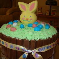 Kitkat Easter Cake 8 in chocolate layer, sides are iced in buttercream and covered with kitkats and buttercream grass, marshmallow bunny on a stick and robin...