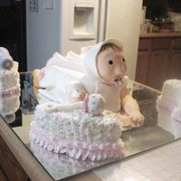 3D Baby Girl Cake Used Fondant and buttercream frosting. Head is made of 4inch styrofoam covered with fondant. Legs and arms made with marshmellow fondant....