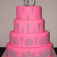 Hot Pink Cami-Inspired Oval display cakes covered in fondant with RI piping in gray with silver dust paint. Saw a gorgeous hot pink camisole with silver crystal...