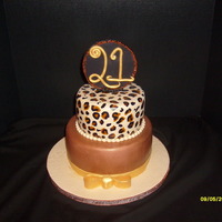 Sophisticated 21 6 & 8 in rounds covered in fondant. Handpainted leopard print. Gumpaste topper.