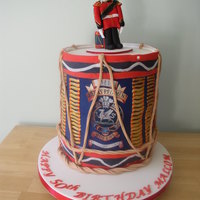 Queens Regiment Drum This is a replica of a side drum in the Queens Regiment. The cake is 8" in diameter & 6 tortes deep.