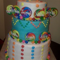 Candy Theme Cake The cake was done for 9 children, each birthday childs name was on a lollipop!