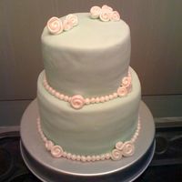 Ribbon Roses And Pearls On Green Yellow cake, buttercream frosting, covered in pale green fondant. I hand rolled the pearls because I can't get a mold in my area (hope...