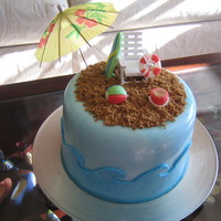 To The Beach! Chocolate Fudge cake with Chocolate Chip Cookie Dough filling. BC & fondant accents.Umbrella is paper however! TFL.