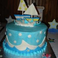 Sailboat Cake White cake covered with a layer of chocolate ganache, then covered and decorated with fondant.