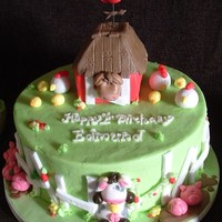 Old Mcdonald Had A Farm 8 inch chocolate cake Iced in spring green butter cream with a 3 inch vanilla smash cake "barn" on top. All decorations are...