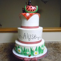 Perfect Picnic Perfect Picnic birthday cake. 10 inch death by chocolate bottom layer decorated with fondant blades of grass, daisies, lady bugs,...