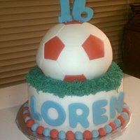 Soccer Ball Sweet 16 Butter cake, vanilla buttercream. Ball is covered in fondant and cut out each hexagon and pentagon for the ball. Bottom layer is...