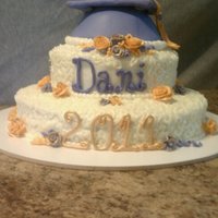 Elegant Grad Cream cheese icing, red velvet cake. Fondant cap and lettering and scrolls.