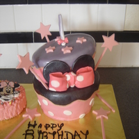 Minnie Mouse This cake was FUN to make! It's covered in MM chocolate fondant. The stars are chocolate. Inside of the cake is chocolate chunk filled...