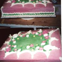 Bridal Shower Cake/pink/green This design was requested by the bride's mother. She got the idea from the internet. Buttercream icing with royal icing flowers (...
