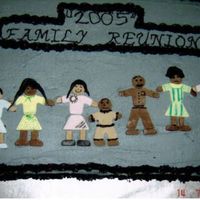Family Reunion This was a fun cake to do. The color theme was grey and black. The people were made out of fondant. thanks for looking.