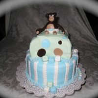 Monkey Themed Baby Shower This is a chocolate cake with vanilla butter cream filling. Everything is made out of fondant. The top half is my first attempt at a pillow...
