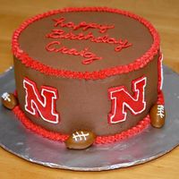 Nebraska Corn Huskers This is a cake for a Nebraska Fan's B-day. pretty self explanitory ;) chocolate buttercream and MMF footballs & logos