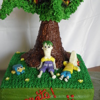 Phineas & Ferb Rollercoaster Episode Tree made of rice krispy treats. Rollercoaster/Phineas/Ferb/Perry made of chocopan. Buttercream icing.