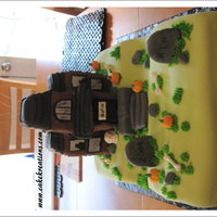 Haunted House Styrofoam house covered in fondant, all decorations are fondant/gumpaste, on top of a carved half sheet cake, covered in fondant, painted...