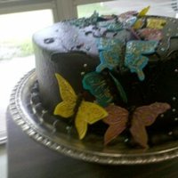 Butterflies Chocolate cake with peanut butter mocha icing. Fondant butterflies accented with gold dust.