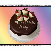 Jenny's Cake WASC, strawberry filling with fresh strawberries. BC with chocolate ganache. White chocolate dipped strawberries on top. Made quickly for...