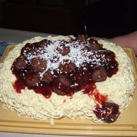 Spaghetti Anyone? Banana nut cake, buttercream spaghetti, chocolate fudge meatballs, strawberry preserve spaghetti saude and white chocolate grated for...