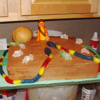 Indiana Tigger Chocolate cake with Cherry filling and Chocolate BC. The boulder is a large cake ball covered in fondant. Fondant Tigger. Snakes are...