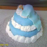 Baby Cake This is a mini cake (5 inch layer on bottom and 3 inch layer on top). Chocolate cake with buttercream covered in fondant. Baby and blanket...