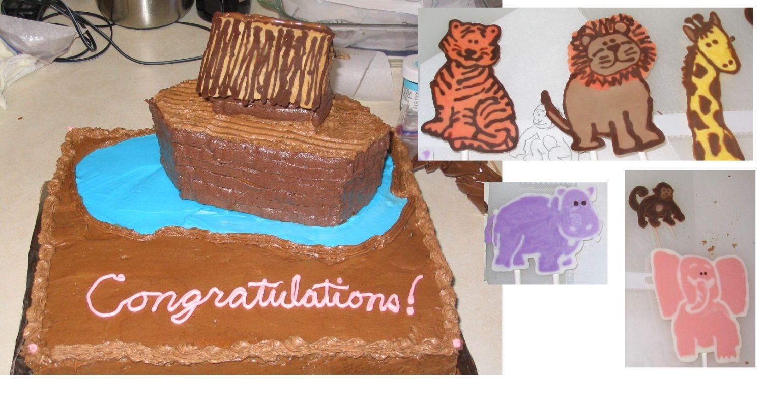 Noah's Ark My second cake. I didn't get a final assembled shot because I transported it without the animals attached. My chocolate frosting was a...