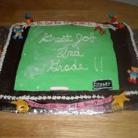 Chalkboard Celebration Cake Buttercream cake with fondant accents, chalkboard is dusted with confectionary sugar to look like it was recently erased. Made for my...