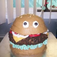 Hamburger Cake I made this for my husbands 34th birthday. The bun is covered in BC, the lettuce is MMF, tomato is round biscuits covered in red icing,...