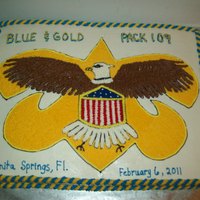 Blue And Gold Banquet I made this for my son's blue and Gold banquet...(He is crossing over into Boy Scouts)...The cake is all white cake... 4 12 x 18 sheet...