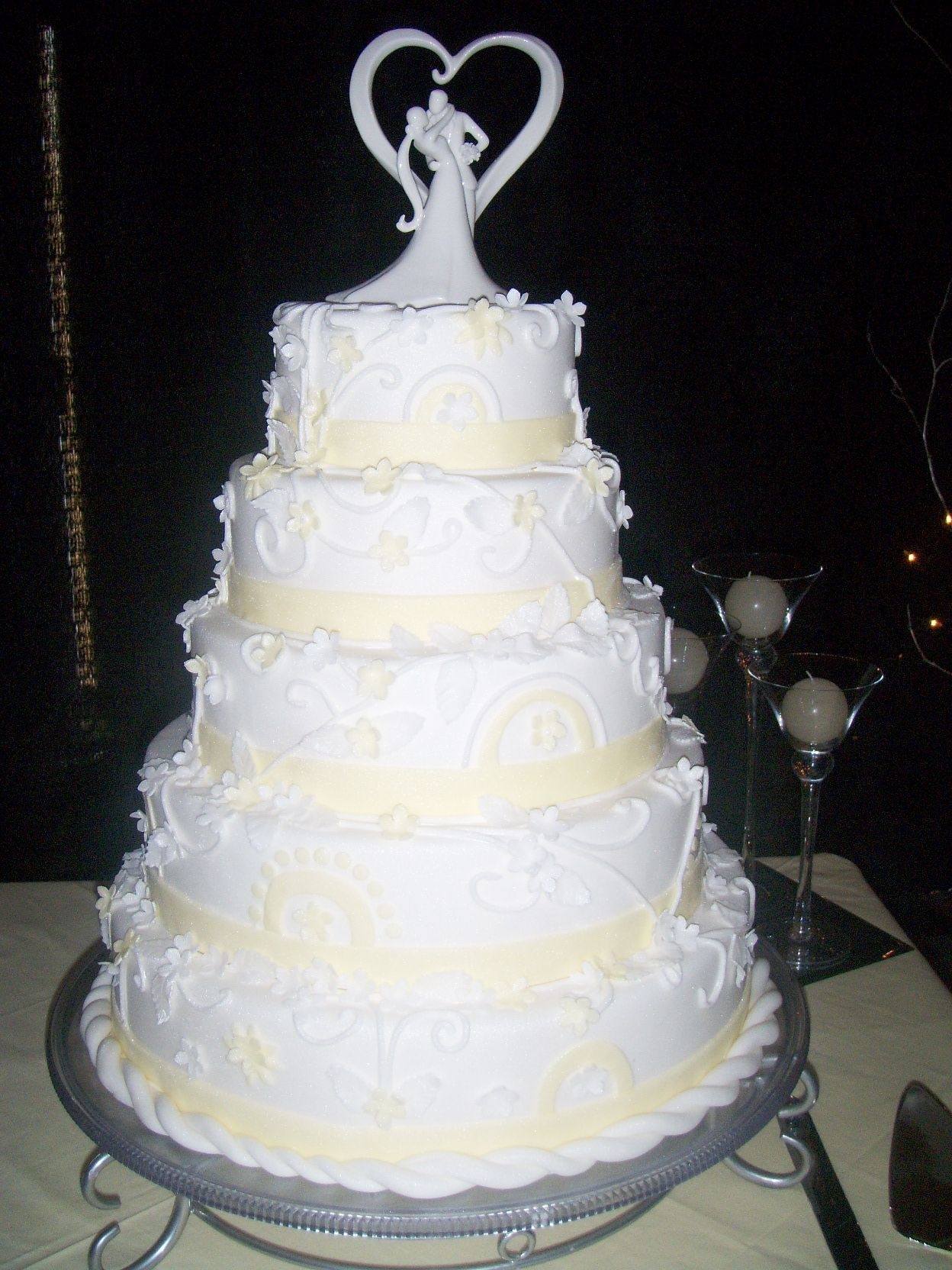 Yellow And White Wedding Cake Bride wanted a pattern that she saw out of a book(but it was made out of chocolate)and wanted me to make it my "own"This is the...