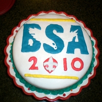 Boy Scouts Of America 100Th Birthday 10" round double layer pound cake with chocolate BC filling. MMF (for the first try!!). Logo is royal icing piped on wax paper and...