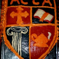 School Crest white chocolate cake, raspberry filling, BC icing. First try with something this scale. icing was too glossy...