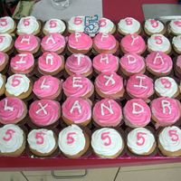 Pink And White Cupcake 'cake' Pink and White Cupcake 'Cake'. Ordered a bunch of pink and white frosted cupcakes. Formed them out to read the birthday message...