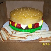 Cheeseburger & Fries "Buns" are 8 inch yellow cake frosted with tinted buttercream. "Burger" is a brownie that I baked in an 8 inch pan. &...