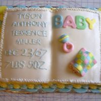 Marcias_Baby_Shower_Cake-02.jpg the cake is covered in fondant. the baby and rattle are also made of fondant
