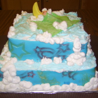 Baby Star Cake 10 in w 6 in on top cake, the baby, blanket, moon and sides of the cake r fondant, shimmer dust, hm bc icing, used the star mat to imprint...