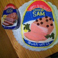 Canned Ham 66th Birthday cake for Sam! He has a habit of giving a canned ham as a gift! Frozen Buttercream Transfer